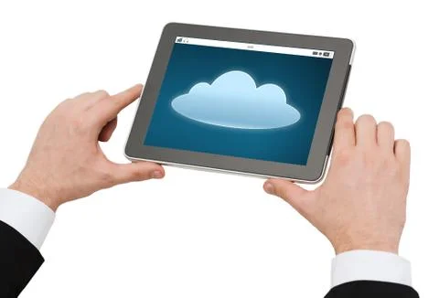 Close up of hands with cloud icon on tablet pc Stock Photos