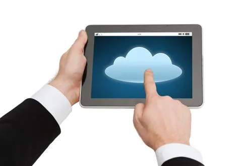 Close up of hands with cloud icon on tablet pc 스톡 사진