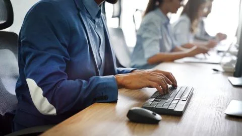 Close up of hands contemporary website developer man typing and writing code for Stockfoto's