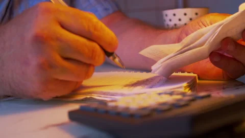 Close-up of hands copying receipt data into a financial notebook Video stock 336989313