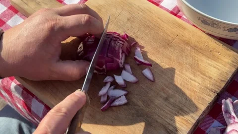 Close Up of Hands Cutting Fresh Red Vegetables on Wooden Board Stock Footage 333523398