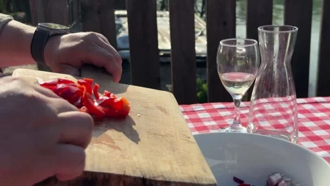 Close Up of Hands Cutting Fresh Red Vegetables on Wooden Board Stock Footage 333523472
