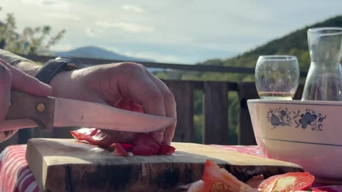 Close Up of Hands Cutting Fresh Red Vegetables on Wooden Board Stock Footage 333523514