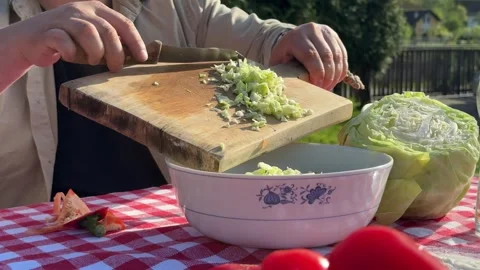 Close Up of Hands Cutting Fresh Red Vegetables on Wooden Board Stock Footage 333523582