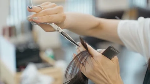 Close Up Hands Cutting Hair Ends with Scissors and Comb in Salon Vídeos de archivo 345235744