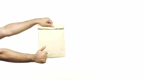 Close up hands delivery man paper bag parcel showing thumbs up and sending to cu Stock-Footage 144255554