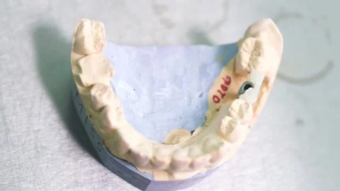 Close up hands dentist makes a denture tooth cleanliness doctor Video stock 137403741