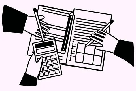 Close up of hands doing calculation of taxes, bills, incomes end expenses Stock Illustration