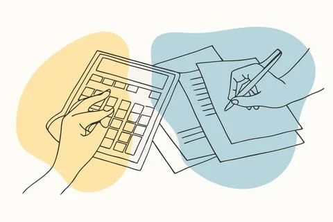 Close up of hands doing calculation of taxes, bills, incomes end expenses Stock Illustration