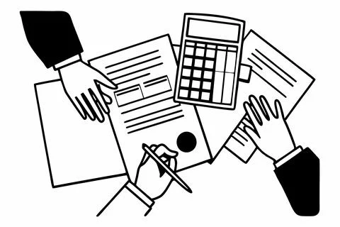 Close up of hands doing calculation of taxes, bills, incomes end expenses Illustrazione stock