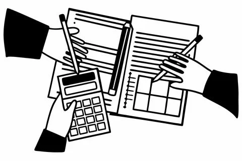Close up of hands doing calculation of taxes, bills, incomes end expenses Stockillustratie