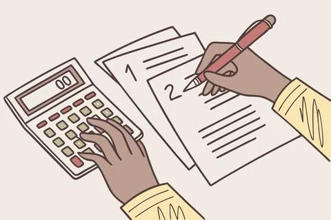 Close up of hands doing calculation of taxes, bills, incomes end expenses Stock Illustration