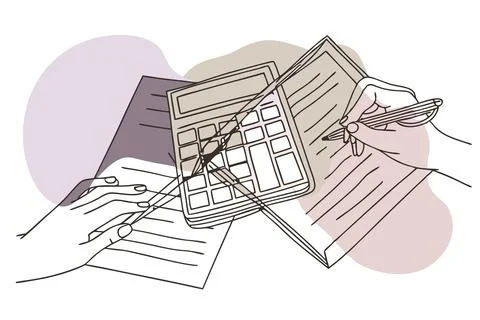 Close up of hands doing calculation of taxes, bills, incomes end expenses Stock Illustration