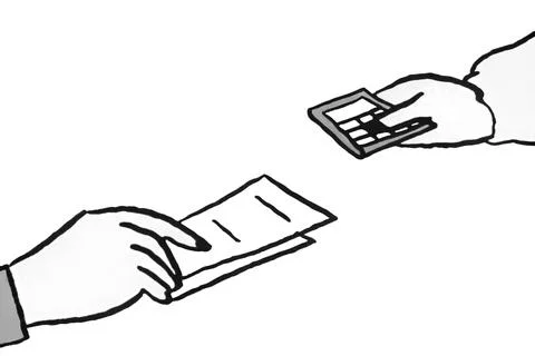 Close up of hands doing calculation of taxes, bills, incomes end expenses Illustrazione stock