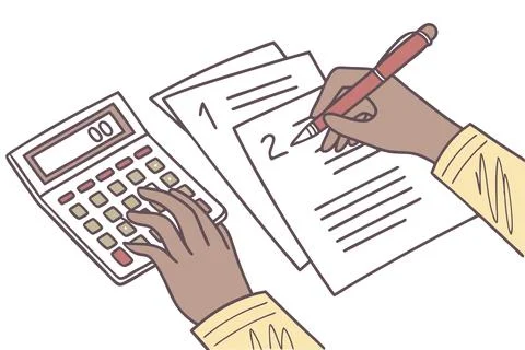 Close up of hands doing calculation of taxes, bills, incomes end expenses Stockillustratie