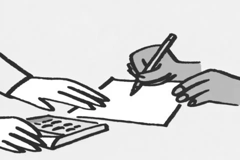 Close up of hands doing calculation of taxes, bills, incomes end expenses Stock Illustration
