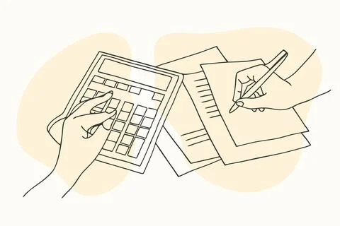 Close up of hands doing calculation of taxes, bills, incomes end expenses Illustrazione stock