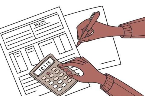 Close up of hands doing calculation of taxes, bills, incomes end expenses Stock Illustration