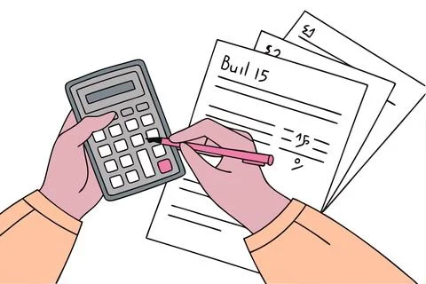 Close up of hands doing calculation of taxes, bills, incomes end expenses Illustrazione stock