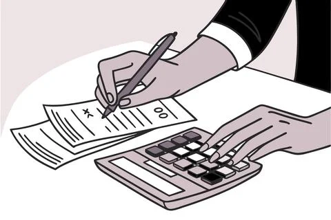 Close up of hands doing calculation of taxes, bills, incomes end expenses Stock Illustration