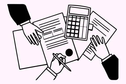Close up of hands doing calculation of taxes, bills, incomes end expenses Stockillustratie