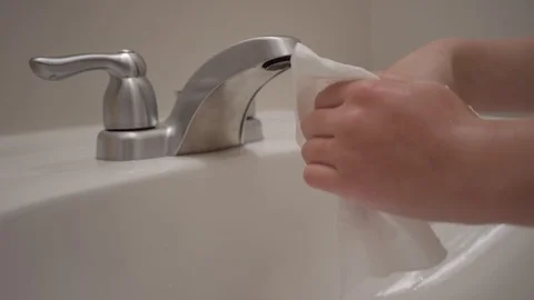 Close up of a hands drying off with white paper towel in slow motion Stock Footage 128919568
