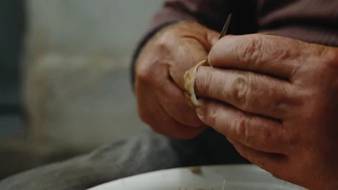 Close-up, Hands of an Elderly Country Man Stained in the Ground Peeling Freshly Stock Footage 158454319