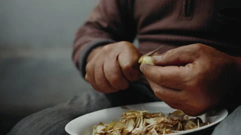 Close-up, Hands of an Elderly Country Man Peel potatoes With a Small Knife Stock Footage 158563773