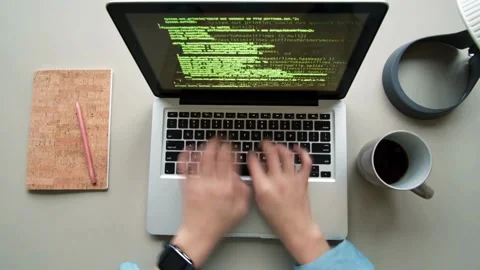 Close up hands engineers developing software app using digital laptop computer Stockbeeldmateriaal 334585877