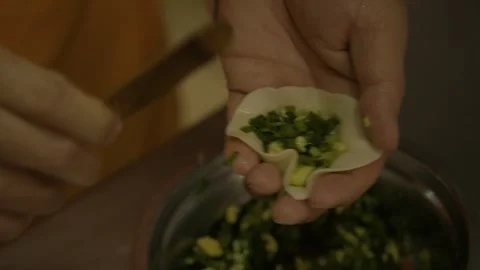Close-Up of Hands Filling and Folding Dumplings with Vegetables in Beijing Stock Footage 345882124
