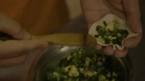 Close-Up of Hands Filling and Folding Dumplings with Vegetables in Beijing Stock Footage 345882498