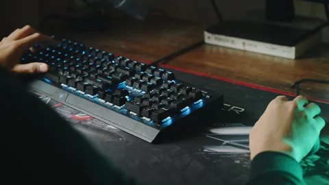 Close Up Hands Gaming with RGB Mechanical Keyboard and Mouse Vídeos de archivo 345201360