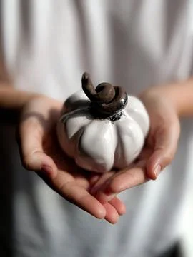 Close up of hands gently holding small white ceramic pumpkin with twisted brown Stock Photos
