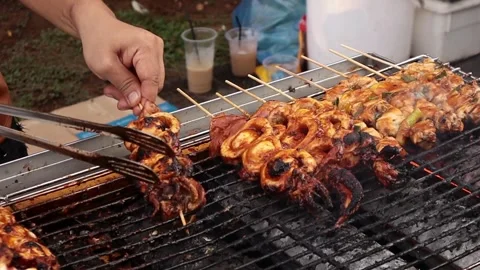 Close-up of hands grilling chicken satay on a charcoal grill Stock Footage 292905312