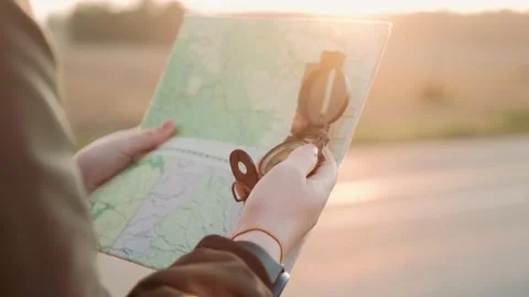 Close up hands of hiker looking for map route. Active lifestyle, Travelling. Stock Footage 137899611