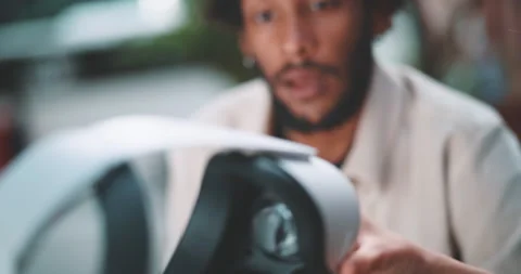 Close up of hands holding and moving vr goggles Stock Footage 201673664