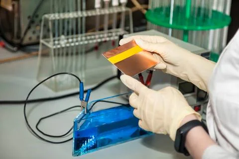 Close up hands holding electroanalysis plate with reagents suspensions in lab Stock Photos