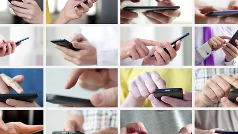 Close-up of hands holding smartphone. Collage Stock Footage 101941956