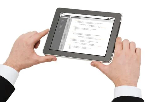 Close up of hands holding tablet pc with coding Stock Photos