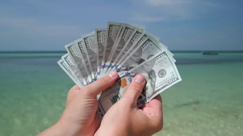 Close-up of hands holding US dollar bills on tropical beach Stock Footage 306516272