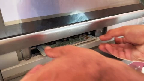 Close Up of Hands Inserting one hundred US Dollar Banknotes into ATM Cash Stock Footage 341909371