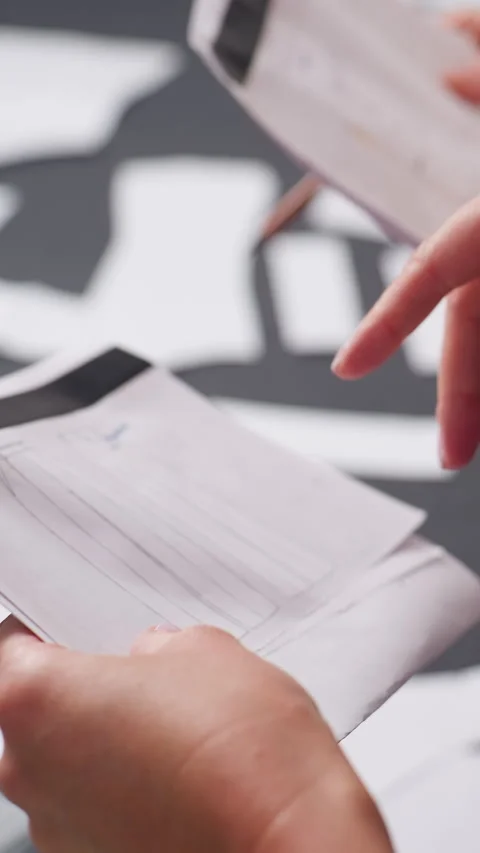 Close up hands inspecting sewing pattern and alignment lines, fingertips Stock Footage 323804435