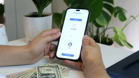 Close-up of hands interacting with a crypto wallet labeled gift on a phone Stock-Footage 316807467