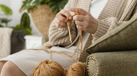 Close-up hands knitting with needles Stock Photos