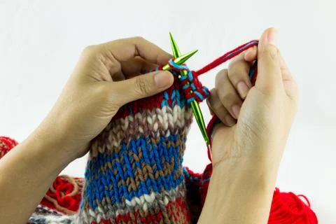 Close-up of hands knitting Stock Photos