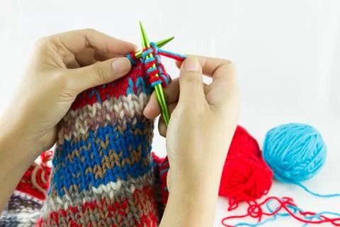 Close-up of hands knitting Stock Photos