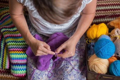 Close-up of hands knitting Stock Photos