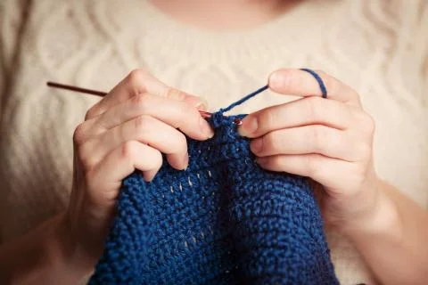 Close up of hands knitting Stock Photos