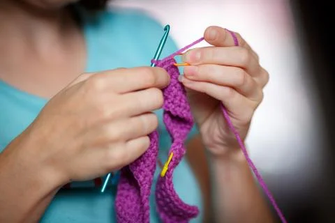 Close up of hands knitting Stock Photos