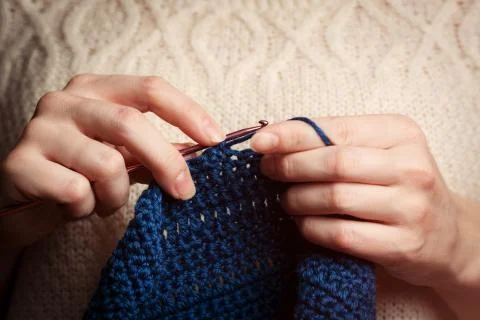Close up of hands knitting Stock Photos
